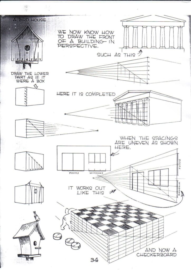 Illustration of perspective drawing techniques for buildings, birdhouses, and checkerboards, with step-by-step guides and examples.