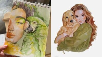 A vibrant illustration of a person with a green parrot and another digital art of a girl hugging a golden retriever puppy.