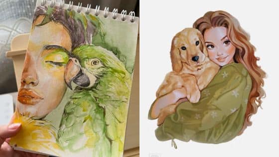 A vibrant illustration of a person with a green parrot and another digital art of a girl hugging a golden retriever puppy.