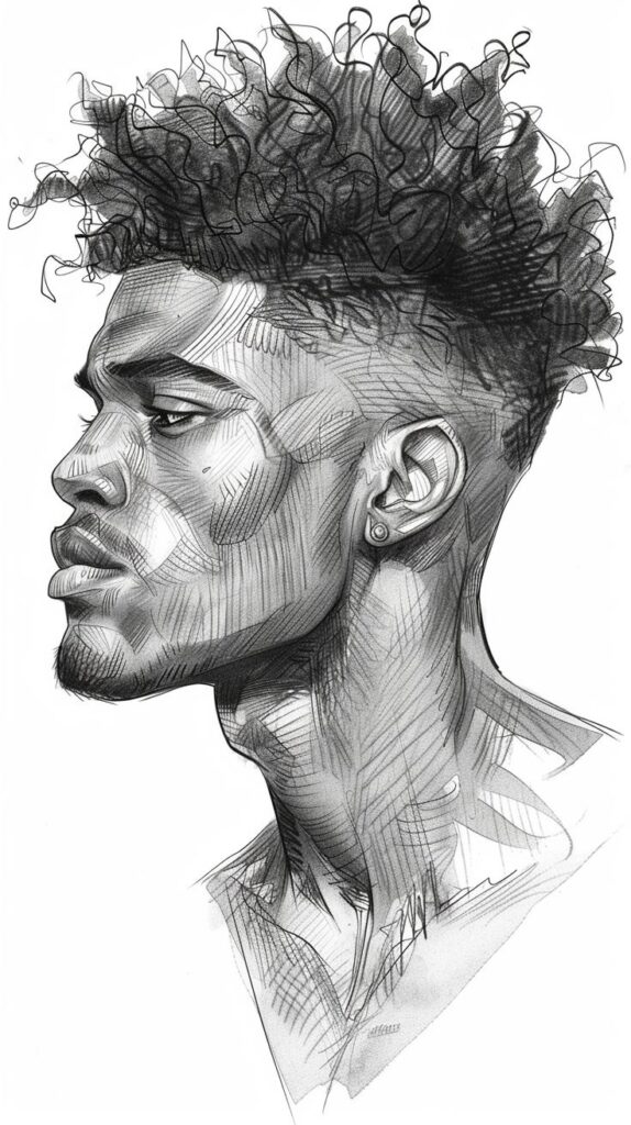 Drawing Hairstyles Ideas_ Inspiration for Sketching Trendy Hairdos 2024 32 Sketched side profile of a man with curly hair and detailed textures, showcasing artistic line work and shading techniques. | Sky Rye Design Sketched side profile of a man with curly hair and detailed textures, showcasing artistic line work and shading techniques. Curly Male Hair