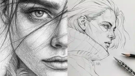 Pencil sketches of two women; left features detailed close-up, right shows a side profile with stylized lines.