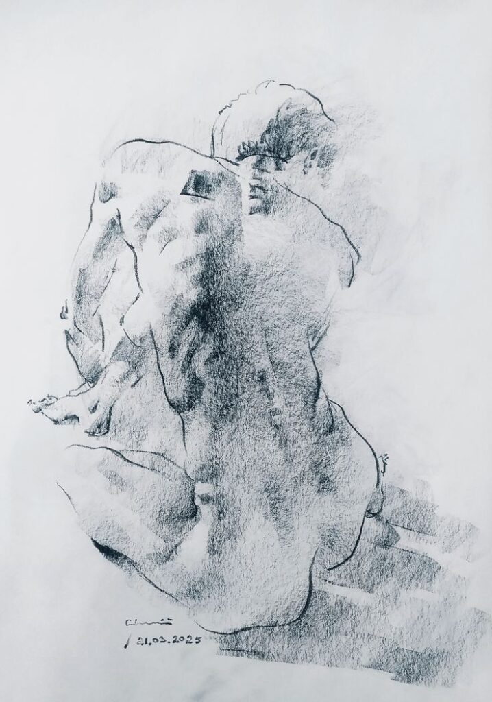 Drawing Serhiy Sledz Charcoal sketch of a seated nude figure from the back, showcasing intricate shading and texture. Dated March 21, 2023. | Sky Rye Design Charcoal sketch of a seated nude figure from the back, showcasing intricate shading and texture. Dated March 21, 2023.