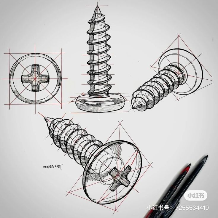 Drawing a 3D Circle Using Ellipses 4Perspective 3 Detailed 3D sketch of screws in various views with geometric guidelines, showcasing precision and technical drawing skills. | Sky Rye Design Detailed 3D sketch of screws in various views with geometric guidelines, showcasing precision and technical drawing skills.