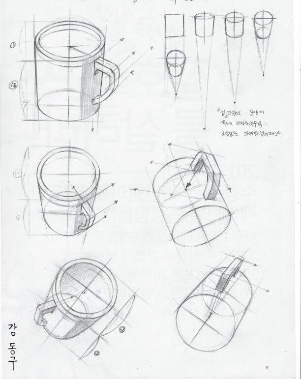 Drawing a 3D Circle Using Ellipses Perspective 2 Pencil sketches demonstrating the perspective drawing process of a mug from various angles, illustrating guide lines and structure. | Sky Rye Design Pencil sketches demonstrating the perspective drawing process of a mug from various angles, illustrating guide lines and structure.