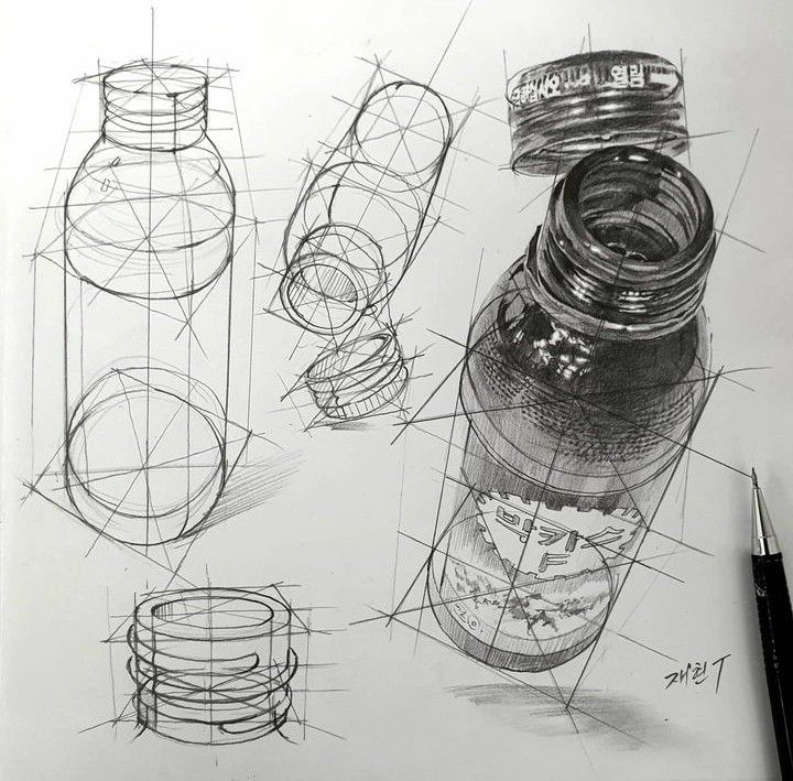 Drawing a 3D Circle Using Ellipses Perspective 3 Sketch of a bottle and cap with detailed linework and shading, highlighting geometry. Pencil included. | Sky Rye Design Sketch of a bottle and cap with detailed linework and shading, highlighting geometry. Pencil included.