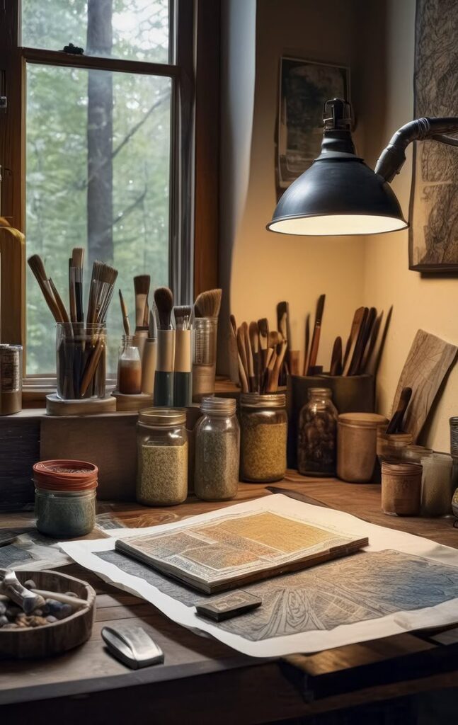 Cozy artist's studio with brushes, jars, and sketches under a lamp. Creative workspace by a window with a view of trees.