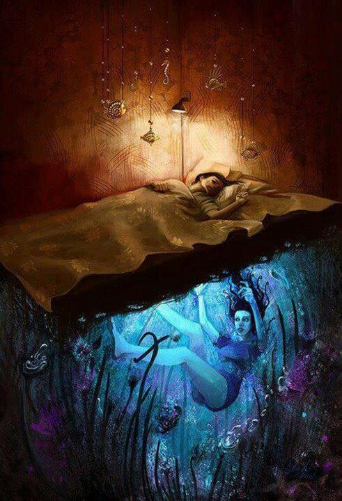 Dreamlike A person sleeps peacefully above, while below, a submerged ethereal figure in a mysterious underwater world, illustrating a dreamlike contrast. | Sky Rye Design A person sleeps peacefully above, while below, a submerged ethereal figure in a mysterious underwater world, illustrating a dreamlike contrast.