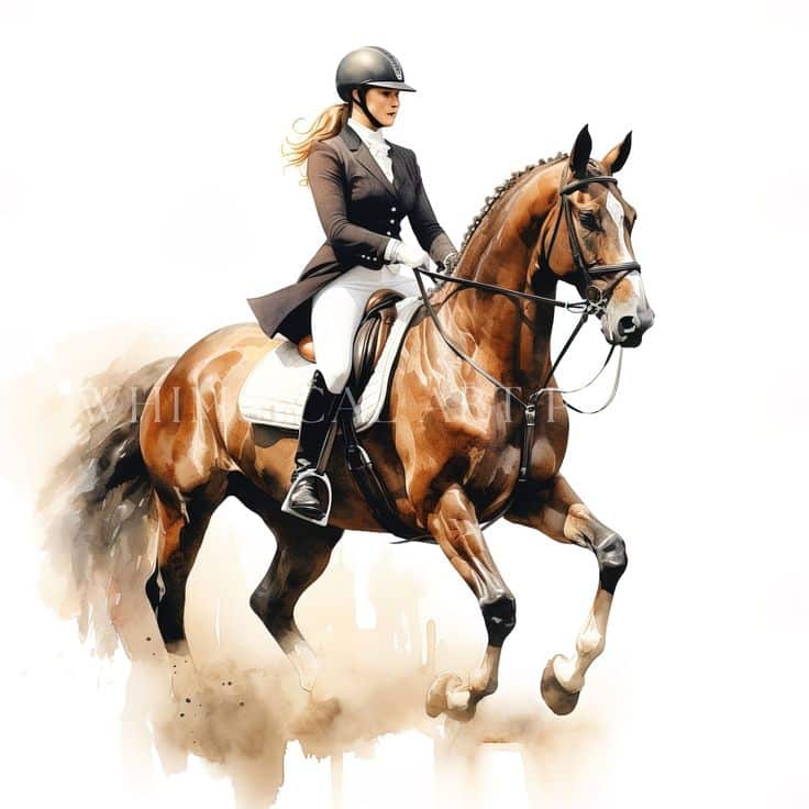 Dressage Rider Watercolor Printable Horseback Riding Art Watercolor Wall Art Printable Commercial Use 10 High Quality 300 Dpi JPG PNG - Etsy Norway Equestrian rider on a bay horse in a dressage competition, wearing a helmet and coat, showcasing elegance and skill. | Sky Rye Design Equestrian rider on a bay horse in a dressage competition, wearing a helmet and coat, showcasing elegance and skill.