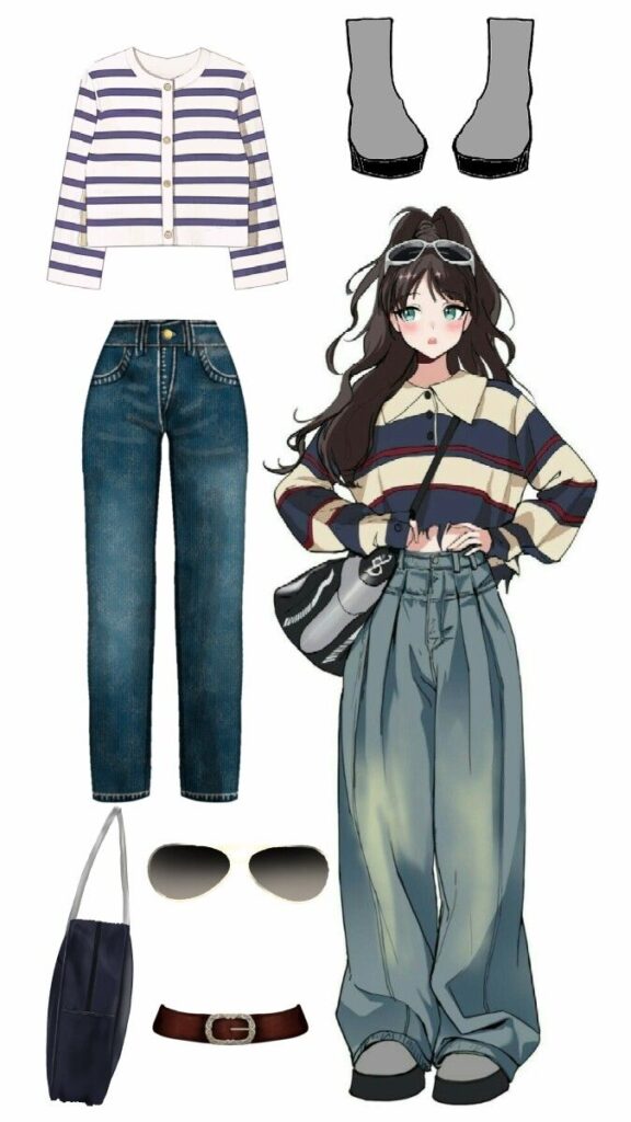 Dressing clothes Anime character in casual striped top and wide jeans with fashion accessories: belt, boots, sunglasses, and bag. | Sky Rye Design Anime character in casual striped top and wide jeans with fashion accessories: belt, boots, sunglasses, and bag.