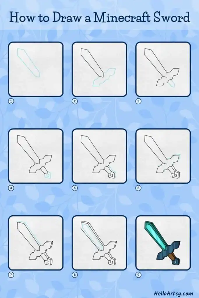 Step-by-step guide to drawing a Minecraft sword, from outline to final colorful illustration, perfect for beginners.