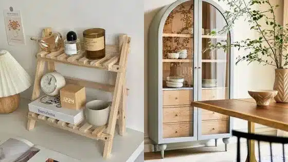 Easy-Storage-and-Organization-Hacks-for-Small-Spaces Decorative wooden shelf with books and candles next to an elegant cabinet, enhancing a modern, minimalist room ambiance. | Sky Rye Design Decorative wooden shelf with books and candles next to an elegant cabinet, enhancing a modern, minimalist room ambiance.
