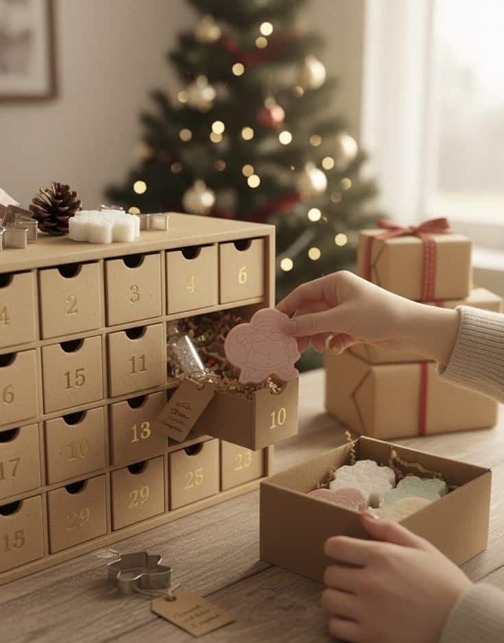 Hand opening advent calendar drawer with festive soap, Christmas tree and gifts in background, warm holiday atmosphere.