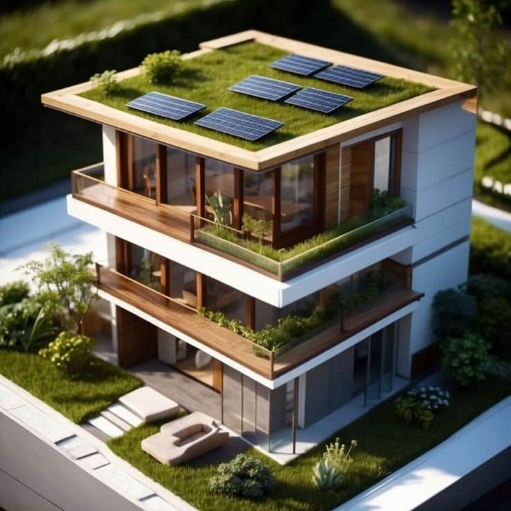 Eco-Friendly Home Makeover_ Sustainable Home Materials to Use Modern eco-friendly house with solar panels, green roof, and lush garden, showcasing sustainable architecture and renewable energy. | Sky Rye Design Modern eco-friendly house with solar panels, green roof, and lush garden, showcasing sustainable architecture and renewable energy.