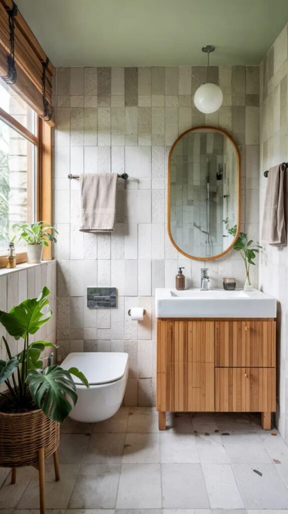 Ecological and Bathroom Remodeling Ideas That Follow Green Trends Modern bathroom with wooden vanity, round mirror, wall-mounted toilet, and potted plant. Natural light from large window enhances decor. | Sky Rye Design Modern bathroom with wooden vanity, round mirror, wall-mounted toilet, and potted plant. Natural light from large window enhances decor.