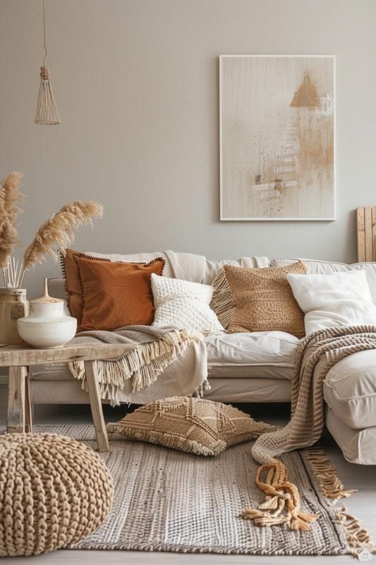 Einrichtungsideen mit Sofa in Beige_ Von Boho-Chic bis Skandinavisch Haus Cozy living room with neutral tones, textured pillows, and rustic decor. Boho style with a white couch and warm wooden accents. | Sky Rye Design Cozy living room with neutral tones, textured pillows, and rustic decor. Boho style with a white couch and warm wooden accents.