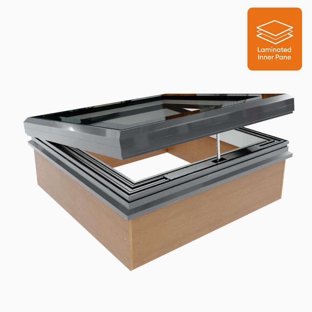 Electrically-Operated-Flat-Glass-Skylight-With-Sunsquare-Upstand Laminated roof window with an open frame, featuring durable construction for enhanced safety and energy efficiency. | Sky Rye Design Laminated roof window with an open frame, featuring durable construction for enhanced safety and energy efficiency.