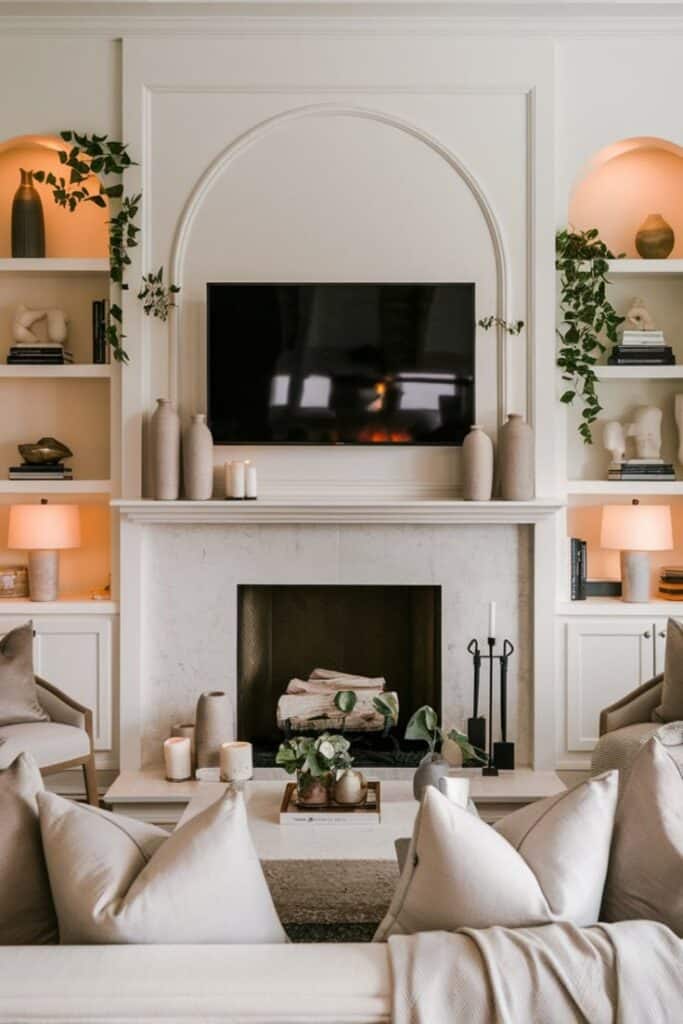 Elegant Living Room Decor_ TV Over Fireplace Elegant living room featuring a wall-mounted TV, white fireplace, and cozy decor with neutral tones and greenery for a relaxing ambiance. | Sky Rye Design Elegant living room featuring a wall-mounted TV, white fireplace, and cozy decor with neutral tones and greenery for a relaxing ambiance. Fireplace Decor Ideas