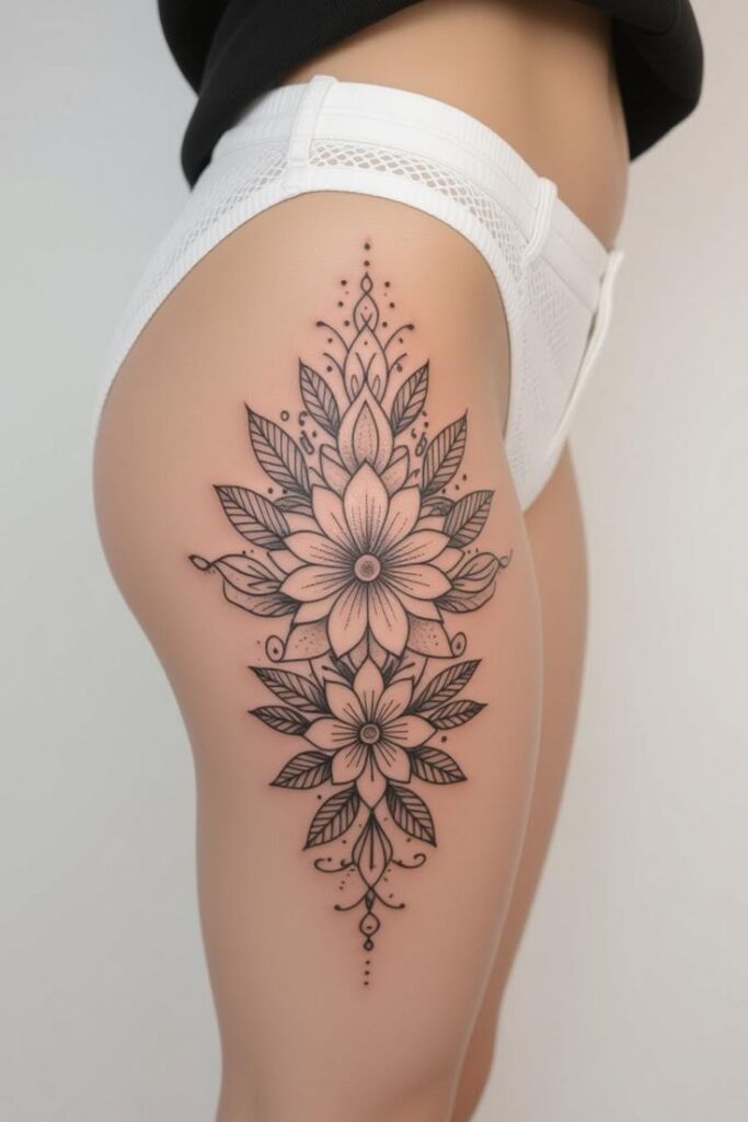 Elegant Symmetrical Blackwork Hip_Thigh Tattoo_Ornate Floral Black and Grey Ornamental Tattoo Elegant floral tattoo on woman's thigh with intricate leaf details, showcasing beautiful artistry in black ink, wearing white shorts. | Sky Rye Design Elegant floral tattoo on woman's thigh with intricate leaf details, showcasing beautiful artistry in black ink, wearing white shorts.