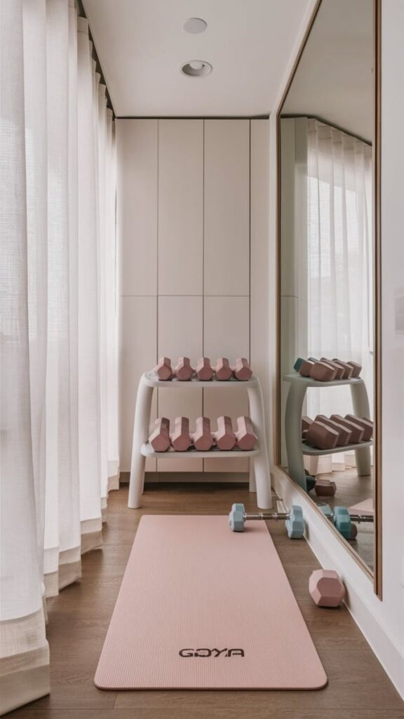 Elegant and Functional_ Small Home Gym Ideas Minimalist home gym with pink yoga mat and pastel dumbbells by a mirror. Soft natural light through sheer curtains for a serene workout. | Sky Rye Design Minimalist home gym with pink yoga mat and pastel dumbbells by a mirror. Soft natural light through sheer curtains for a serene workout.