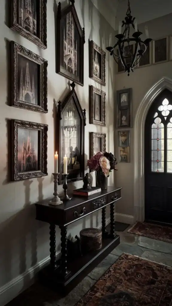 Gothic-inspired hallway with framed cathedral art, vintage console table, and arched stained glass door, creating a classic ambiance.