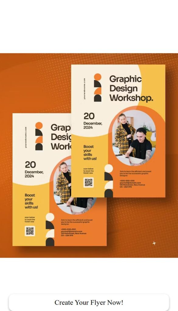 Flyer for a Graphic Design Workshop on December 20, 2024. Enhance your skills, join now. Includes contact info and a QR code for booking.