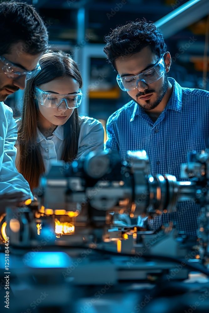 Engineers and scientists collaborating in a research lab analyzing industrial engine designs Three engineers wearing safety goggles focus on machinery, analyzing equipment in an industrial setting, emphasizing teamwork and precision. | Sky Rye Design Three engineers wearing safety goggles focus on machinery, analyzing equipment in an industrial setting, emphasizing teamwork and precision.