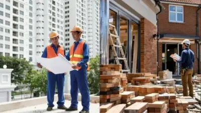 Construction workers review blueprints and inspect site progress on a high-rise project and a residential brick house renovation.