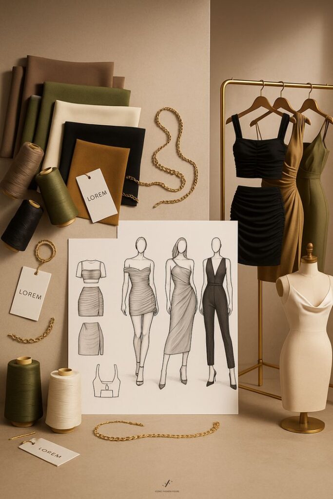 Fashion design sketch with fabrics, threads, and dress forms in a stylish mood board setting, showcasing elegant clothing concepts.