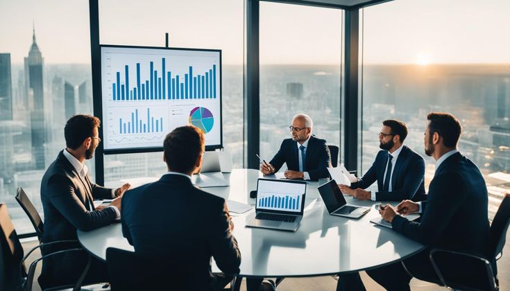 Expert Personal Financial Advisors _ Secure Your Future Business team in a modern office analyzing charts and graphs during a meeting. Large windows reveal a cityscape view. | Sky Rye Design Business team in a modern office analyzing charts and graphs during a meeting. Large windows reveal a cityscape view.