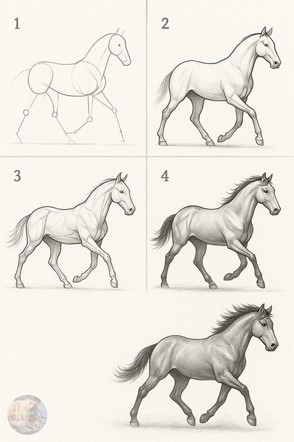 Expertos en Dibujo Step-by-step horse drawing tutorial showing progress from basic shapes to detailed, shaded galloping horse illustration in four steps. | Sky Rye Design Step-by-step horse drawing tutorial showing progress from basic shapes to detailed, shaded galloping horse illustration in four steps.
