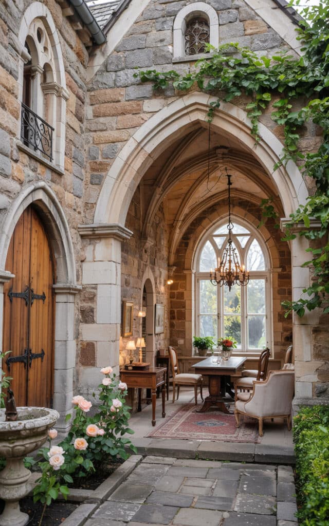 Charming medieval courtyard with archways, ivy, a chandelier, and elegant furniture, creating a cozy and historic ambiance.