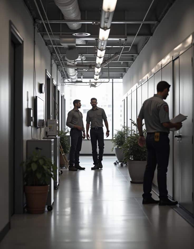 Office corridor with three men in uniform, indoor plants, and large windows.