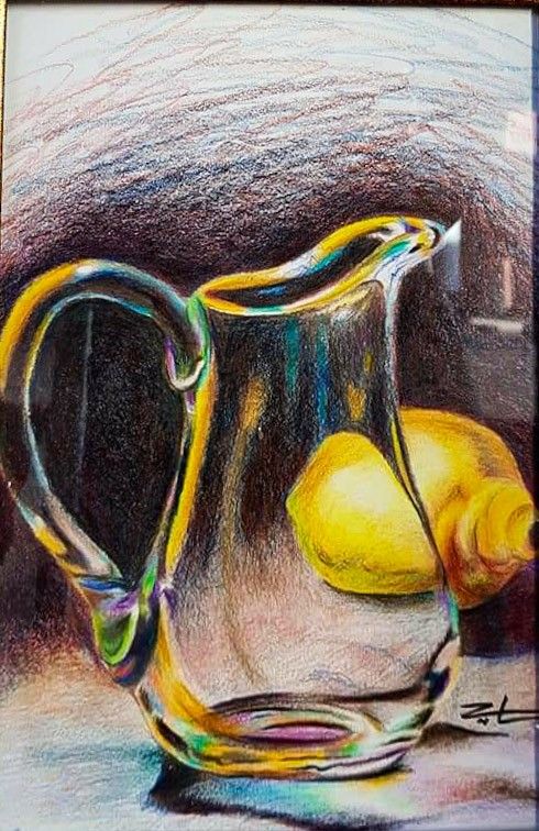 Faculty projects Colorful glass jug with lemons, vibrant still life artwork showcasing light reflections on transparent surfaces and contrasting shadows. | Sky Rye Design Colorful glass jug with lemons, vibrant still life artwork showcasing light reflections on transparent surfaces and contrasting shadows.