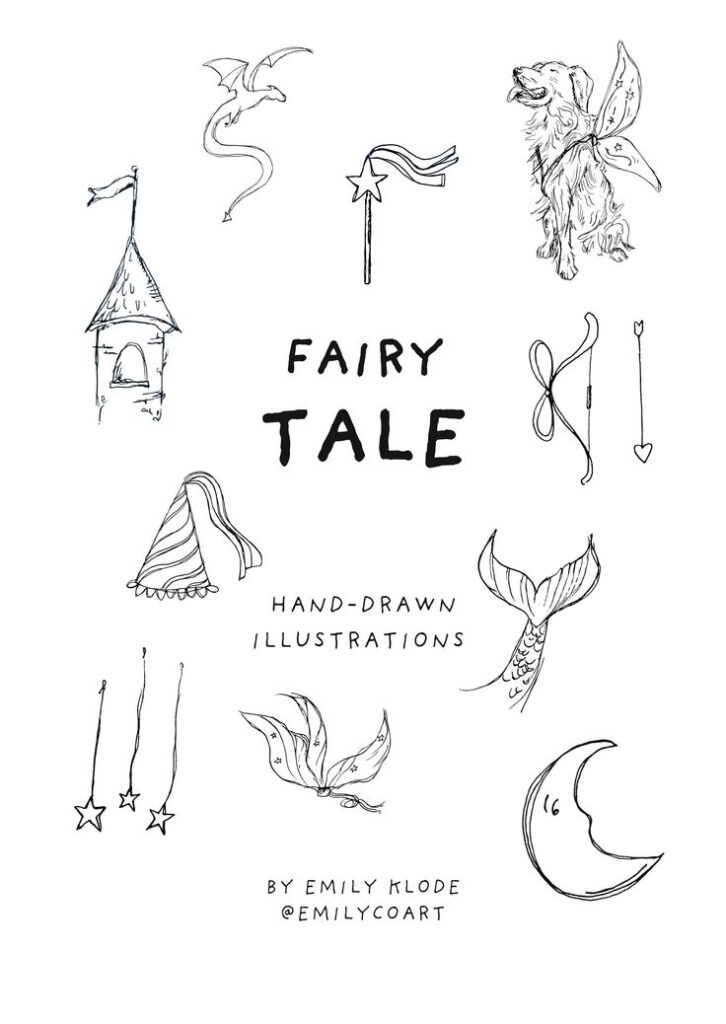 Fairytale Illustrationen - 14 handgezeichnete Prinzessinnen Doodles zum Download als Sticker Bogen mit transparentem Hintergrund Hand-drawn fairy tale illustrations with castle, dragon, fairy dog, bow, mermaid, star, moon. Art by Emily Klode @emilycoart. | Sky Rye Design Hand-drawn fairy tale illustrations with castle, dragon, fairy dog, bow, mermaid, star, moon. Art by Emily Klode @emilycoart.