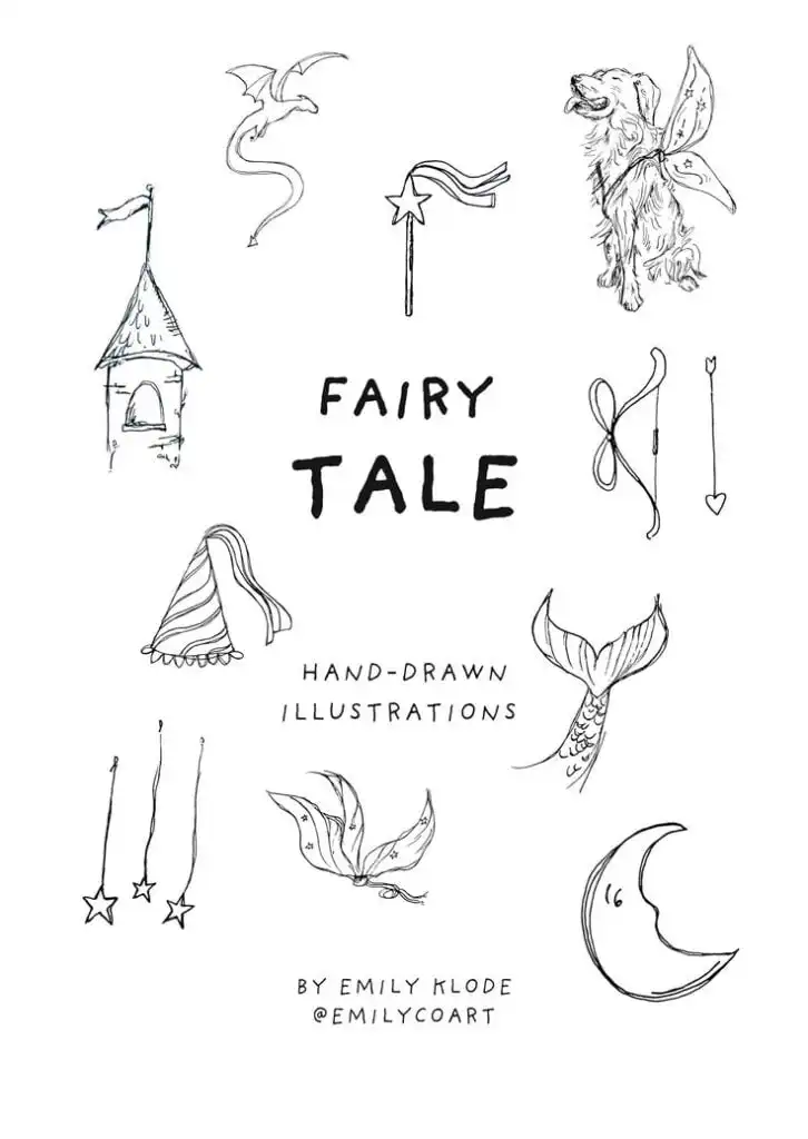 Hand-drawn fairy tale illustrations with castle, dragon, fairy dog, bow, mermaid, star, moon. Art by Emily Klode @emilycoart.
