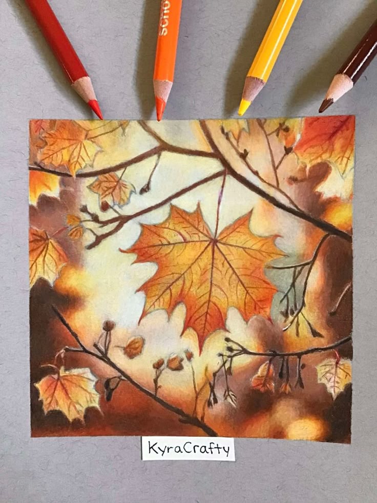 Fall Leaves Drawing Colored pencil drawing of autumn leaves on branches, using warm hues of red, orange, and yellow, signed by KyraCrafty. | Sky Rye Design Colored pencil drawing of autumn leaves on branches, using warm hues of red, orange, and yellow, signed by KyraCrafty.
