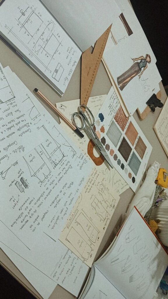 Fashion Fashion design workspace with sketches, measurements, color samples, and sewing tools on a desk, showcasing creative design planning. | Sky Rye Design Fashion design workspace with sketches, measurements, color samples, and sewing tools on a desk, showcasing creative design planning.