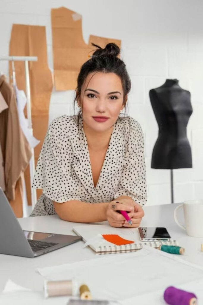 Fashion Design Courses NZ Fashion designer working in studio with laptop, sketches, and mannequin; designing clothes with focus and creativity. | Sky Rye Design Fashion designer working in studio with laptop, sketches, and mannequin; designing clothes with focus and creativity.