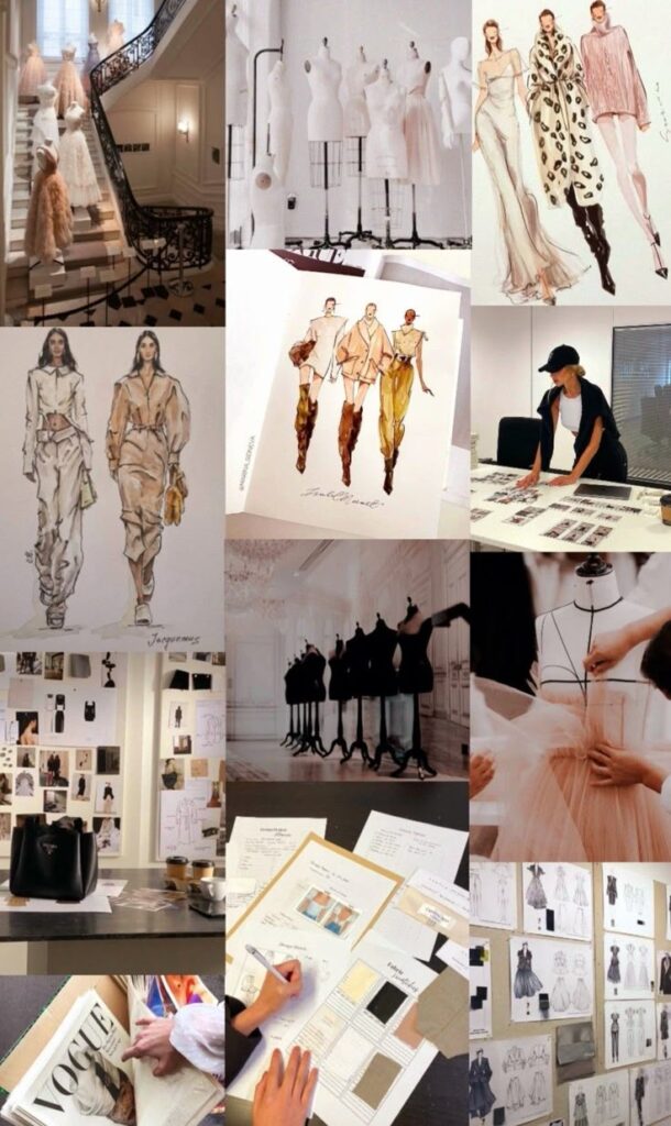 Fashion designer aesthetic Fashion design collage featuring sketches, mannequins, fabric swatches, and a designer working amidst creative workspace and inspiration boards. | Sky Rye Design Fashion design collage featuring sketches, mannequins, fabric swatches, and a designer working amidst creative workspace and inspiration boards.