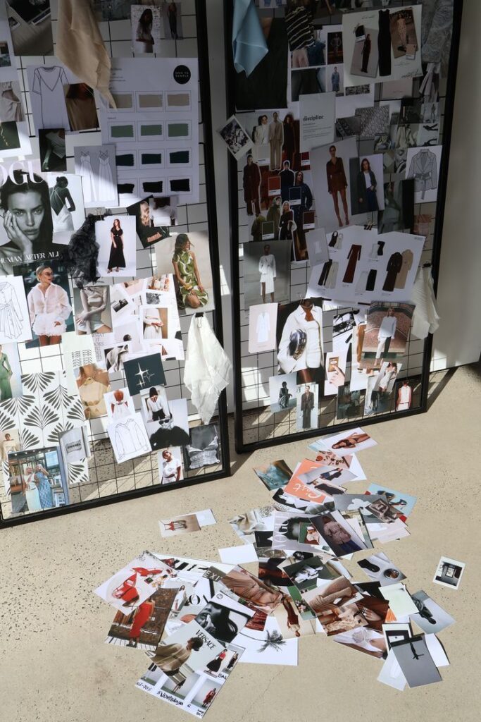 Fashion moodboard Fashion mood board with collage of fashion magazines, design sketches, and fabric swatches on display with scattered images on the floor. | Sky Rye Design Fashion mood board with collage of fashion magazines, design sketches, and fabric swatches on display with scattered images on the floor.
