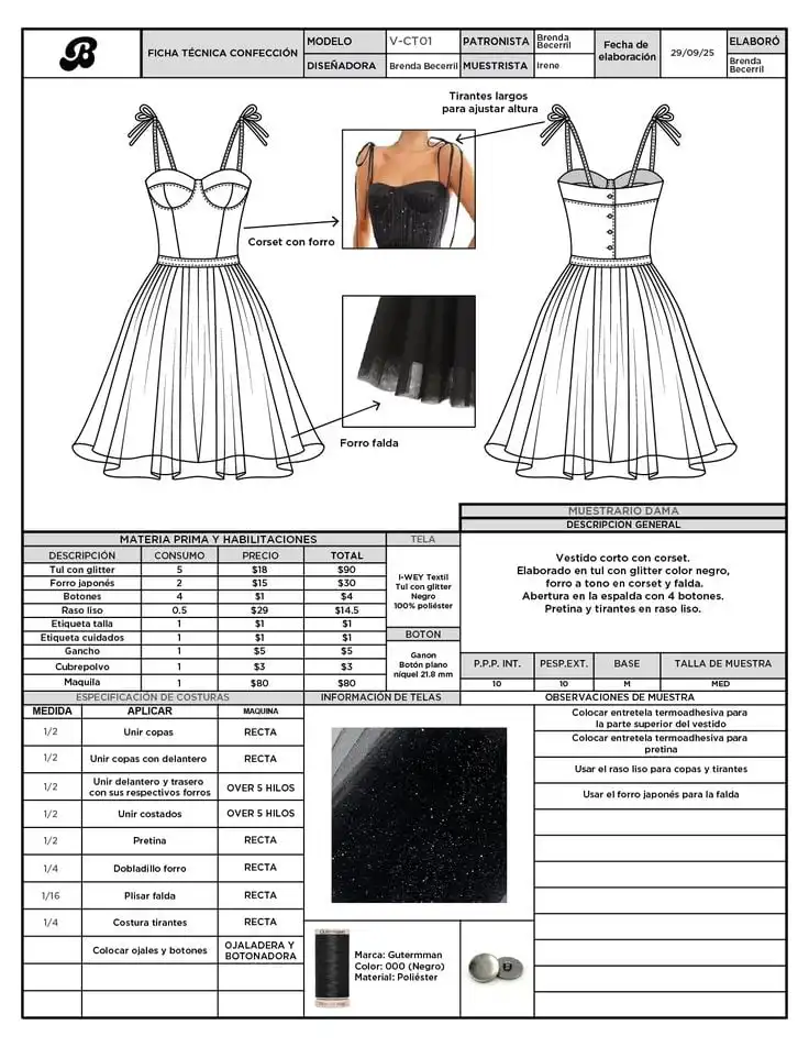 Fashion tech pack dress Technical drawing of a black corset dress with glitter detailing, featuring adjustable straps and a flared skirt. | Sky Rye Design Technical drawing of a black corset dress with glitter detailing, featuring adjustable straps and a flared skirt.
