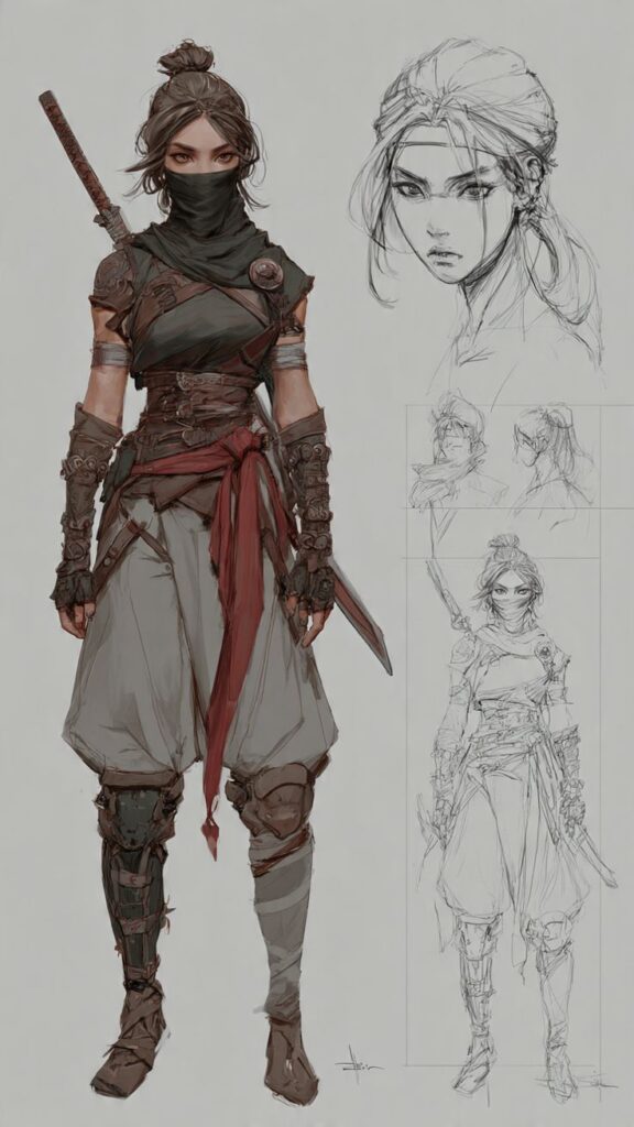 Female character Female ninja character design with detailed outfit, sword, and sketches. Artistic concept with confident pose and expressive features. | Sky Rye Design Female ninja character design with detailed outfit, sword, and sketches. Artistic concept with confident pose and expressive features.