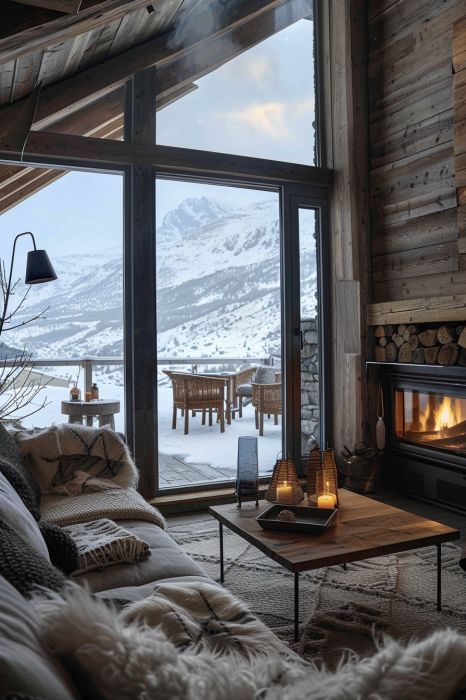 Cozy cabin room with mountain view, warm fireplace, and rustic decor. Snowy outdoor seating visible through glass doors. Winter retreat scene. Country Escape