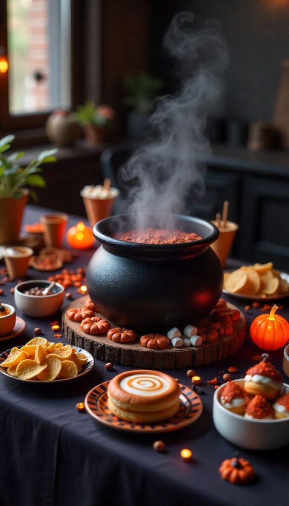 Festive Halloween Table Centerpieces for Home _ DIY Décor Spooky Halloween table with steaming cauldron, mini pumpkins, treats, and festive decor, creating a cozy autumn atmosphere. | Sky Rye Design Spooky Halloween table with steaming cauldron, mini pumpkins, treats, and festive decor, creating a cozy autumn atmosphere.