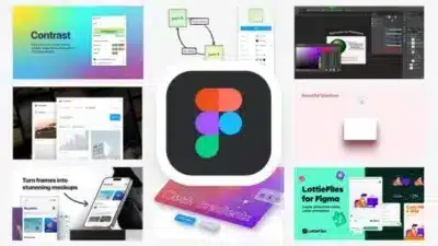 Collage showcasing Figma plugins and features: mockups, gradients, shadows, and LottieFiles, enhancing design and prototyping.