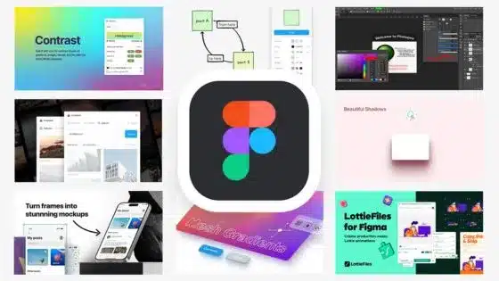 Collage showcasing Figma plugins and features: mockups, gradients, shadows, and LottieFiles, enhancing design and prototyping.