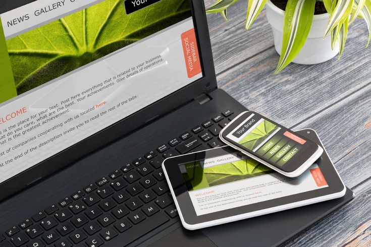Laptop, tablet, and smartphone displaying the same website on a wooden desk with a plant, emphasizing responsive web design.