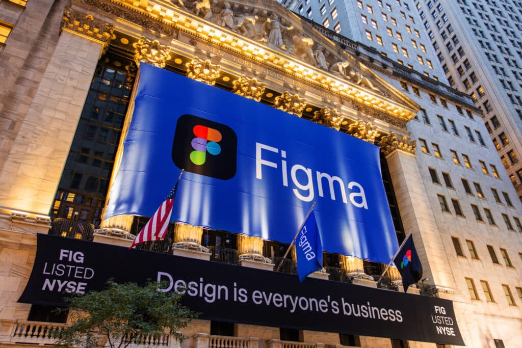 Figma-IPO Large Figma banner hanging on New York Stock Exchange facade, emphasizing design with slogan Design is everyone’s business. | Sky Rye Design Large Figma banner hanging on New York Stock Exchange facade, emphasizing design with slogan Design is everyone’s business.Figma Career