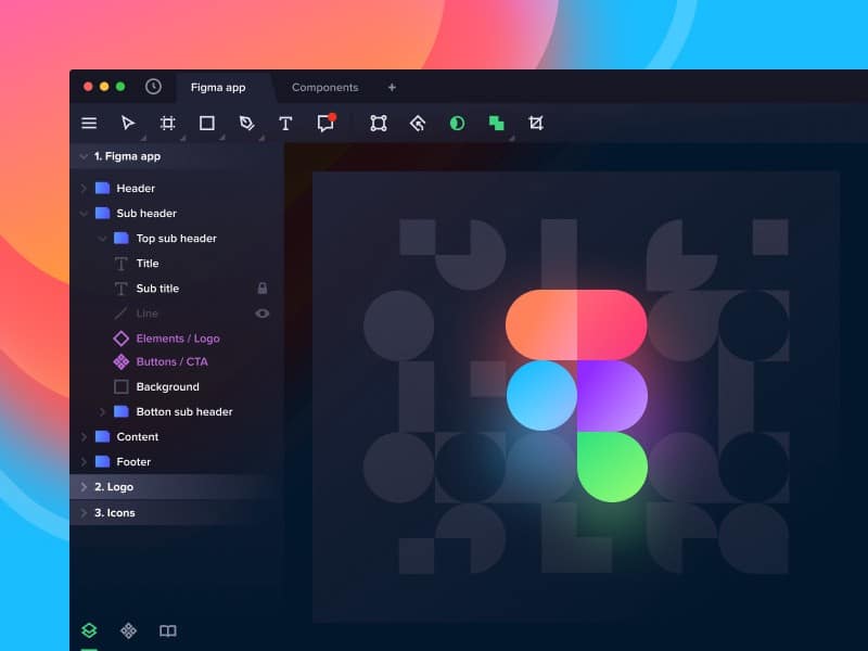 Figma Figma app interface showcasing colorful geometric design elements and organized layers, ideal for creative digital design projects. | Sky Rye Design Figma app interface showcasing colorful geometric design elements and organized layers, ideal for creative digital design projects.
