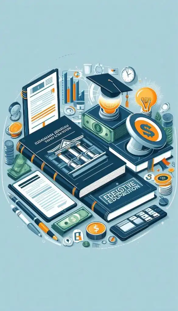 Illustration depicting educational finance with books, a graduation cap, light bulbs, graphs, and currency symbols on a blue background.